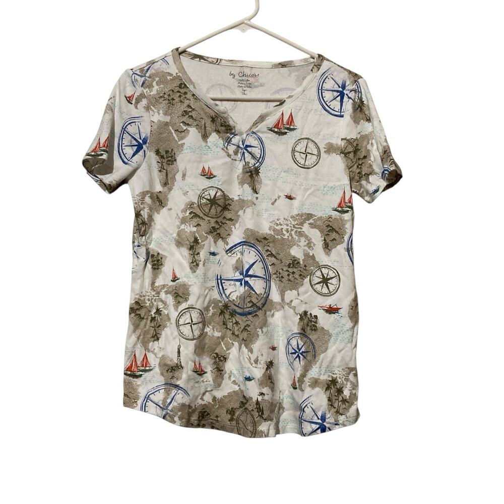 Chico's Sailboat Print Top Size 1 Medium Cotton Blue White Tan